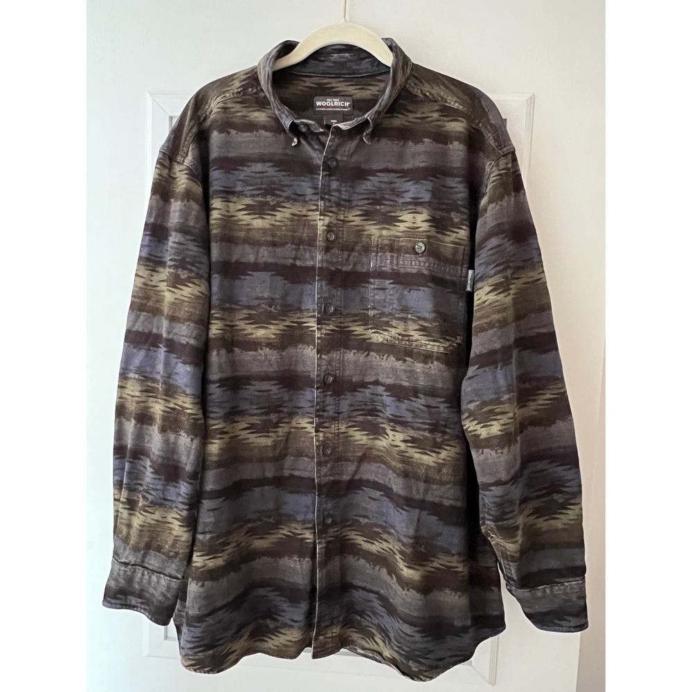 Woolrich Mens Olive Navajo Blanket Print Flannel Shirt Cotton Large 52x31